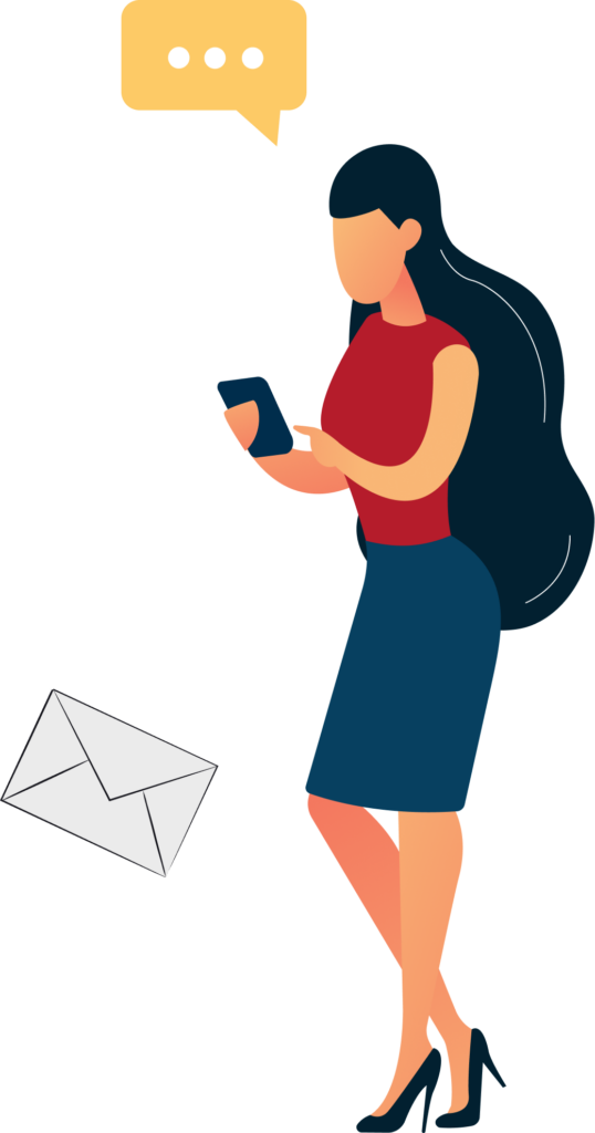 Woman texting on phone with speech bubble and envelope.