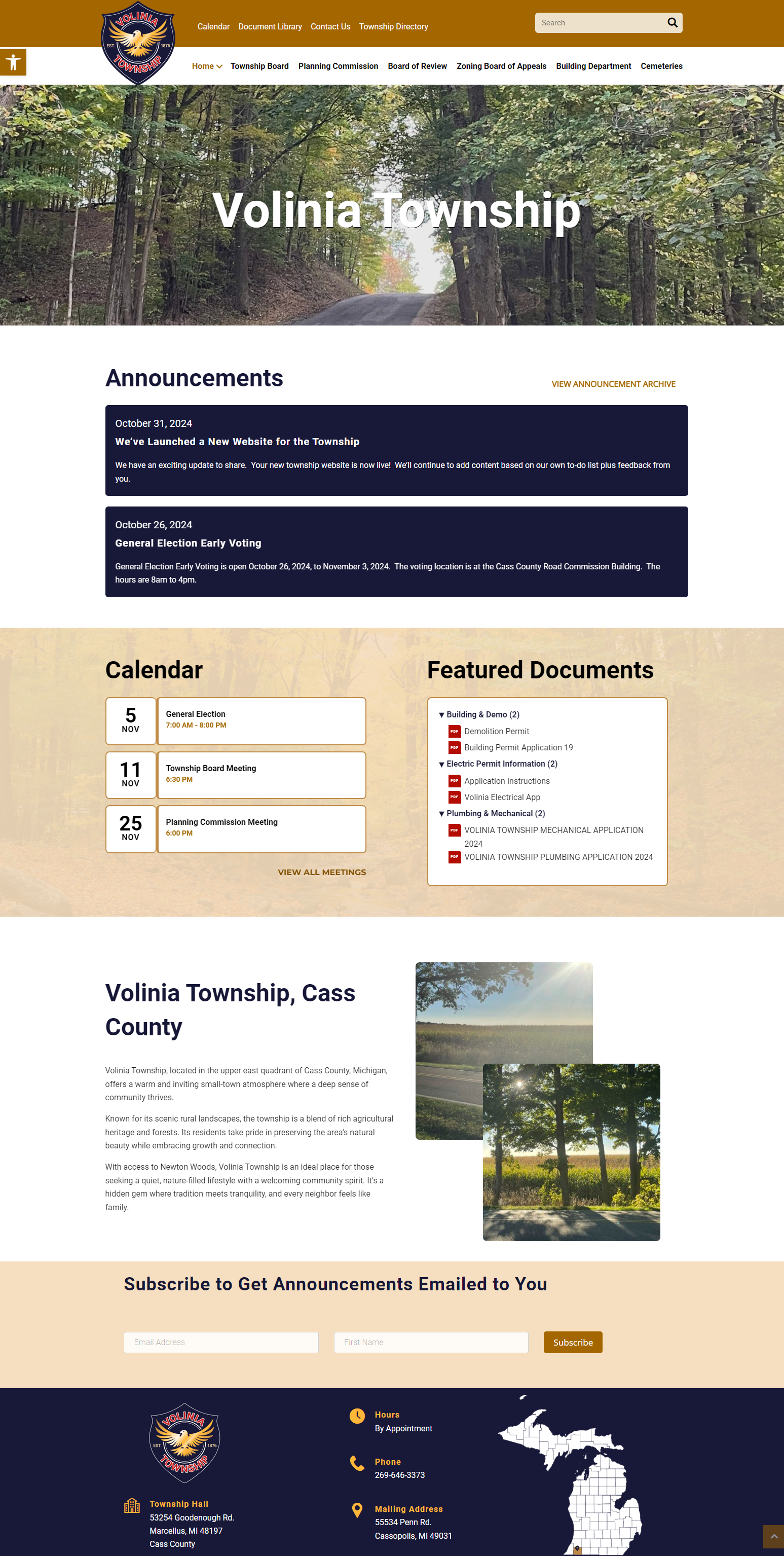 Volinia Township website layout with announcements and documents.