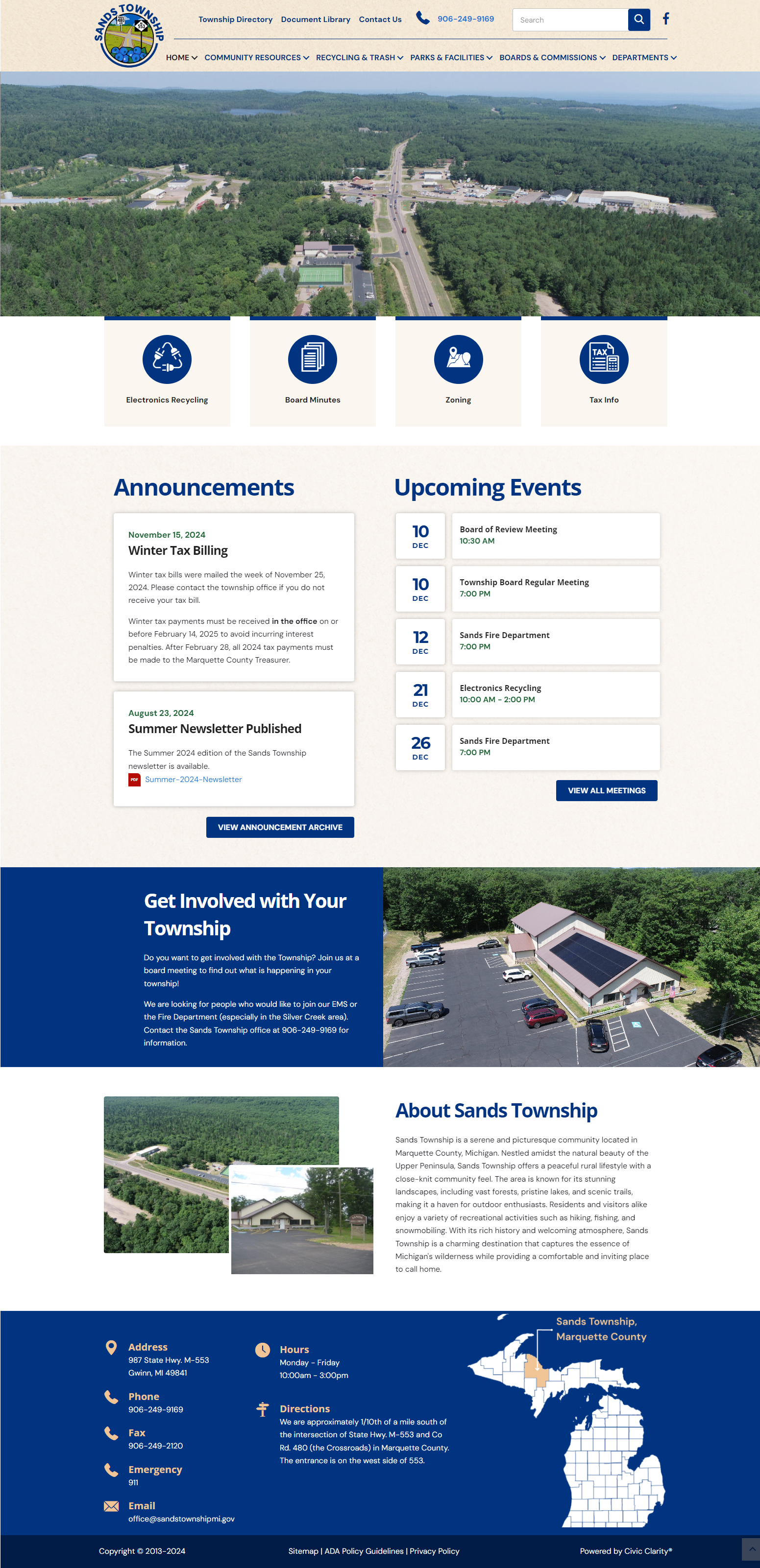 Screenshot of Sands Township website homepage