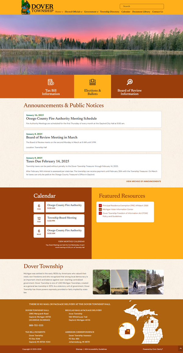 Dover Township website homepage with news and calendar