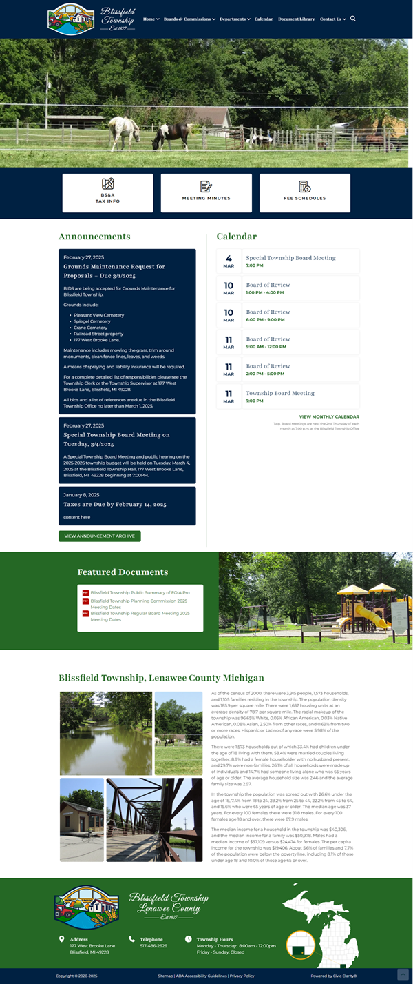 Blissfield Township website showing services and announcements